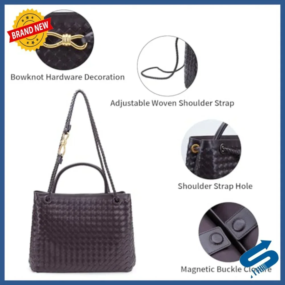 Large Vegan Leather Woven Shoulder Bag Crossbody Tote Work Travel - Picture 3 of 6